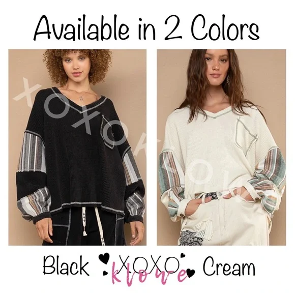 POL Cream Waffle Knit Oversized Top | Striped Long Sleeve Pullover Thermal - Picture 6 of 7